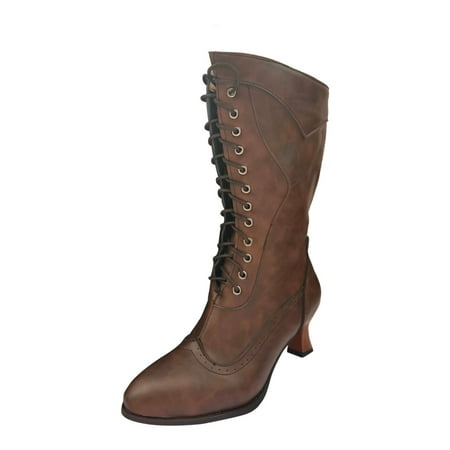 

Egmy Women Shoes Winter Warm Mid Heel Casual Retro British Style Solid Color Lace-Up Pointed Mid-Calf Boots Brown 9(42)