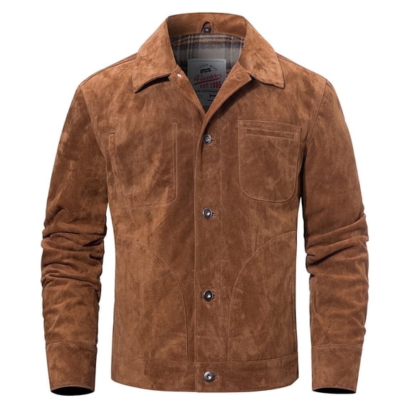 FLAVOR Men's Suede Leather Jacket Trucker Coat (Small, Brown)