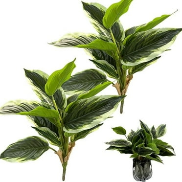 ZOELNIC 2Pack Artificial Variegated Hosta Plants 17.7" Fake Plants Green Realistic Faux Plants for Home Office House Desk Shelf Living Room Bathroom Kitchen Greenery Decoration (No Pot)