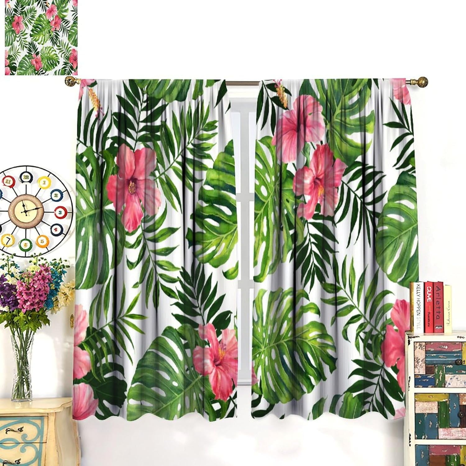 Tropical Floral Curtain Green Plant Nature Blackout Print Rod Pocket Window Drapes for Bedroom Living Room 42x63in