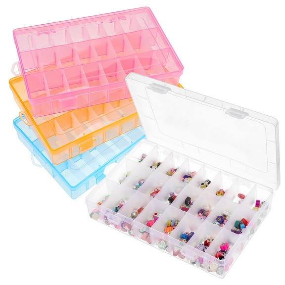 Armscye 4 Pack Bead Organizers - 24 Grids Small Plastic Jewelry Storage Box with Removable Dividers & Transparent Lid, Stackable Craft Organizer for Beads, Earrings, DIY Supplies, and Travel Storage