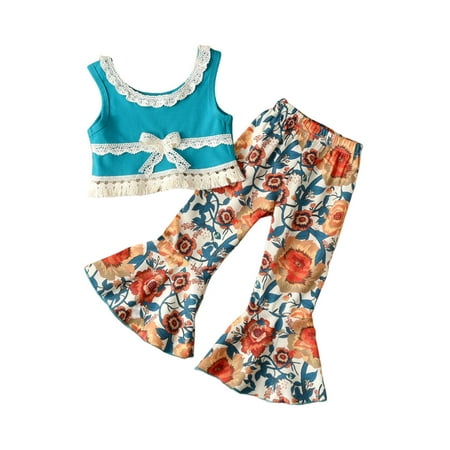

ZHUASHUM Little Toddler Girls Tassel Sleeveless T Shirt Tops Floral Flared Bell Bottom Pants Kids Summer Outfits Set