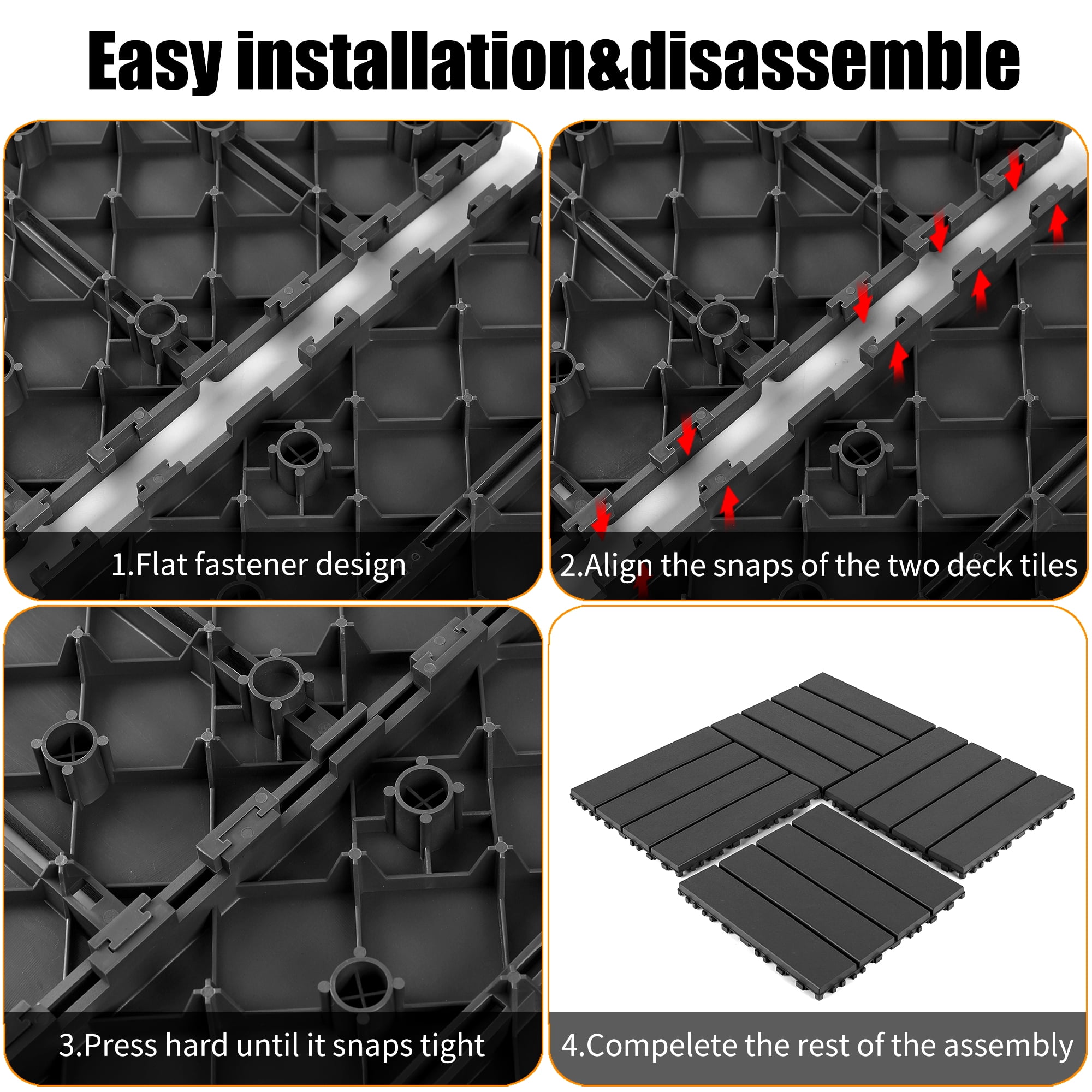 Interlocking Decking Tiles 12x12 in, Waterproof Plastic Flooring for All-Weather Use, DIY Patio Tiles for Backyard Poolside Balcony, Dark Gray, 44pcs