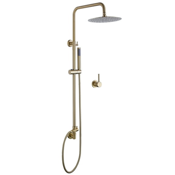 Brass Exposed Pipe Shower System, 10-inch Rainfall Shower Head with Handheld Shower Head with Rough-in Valve