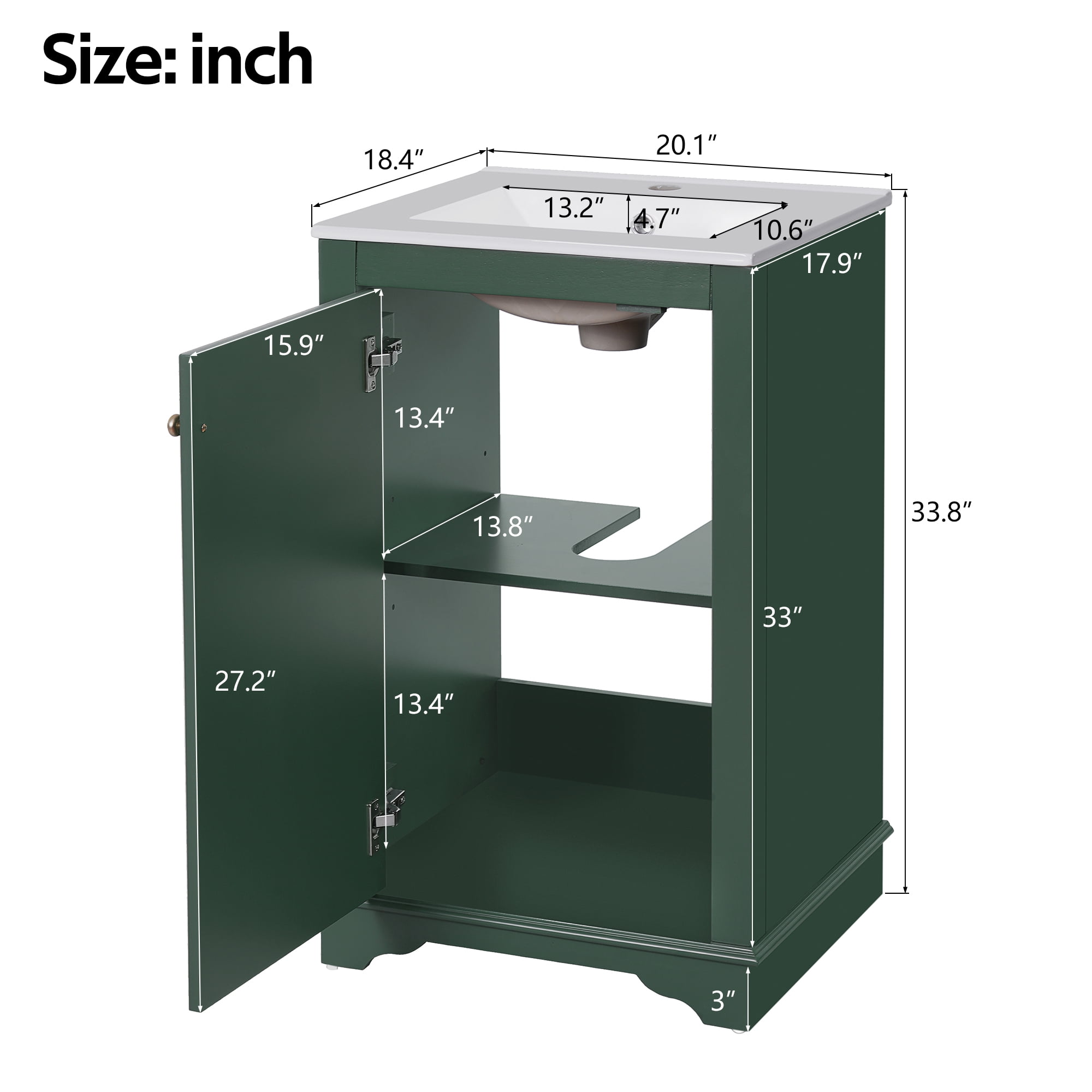 Euroco 20-inch Bathroom Vanity with Ceramic Sink, Freetanding Single Vanity Set with Soft Closing Door, adjustable shelf, Modern Style, Green.