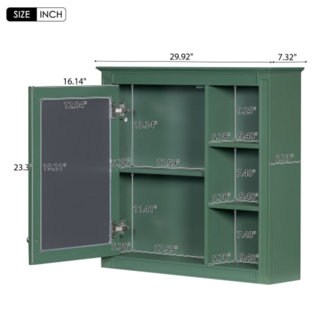 30"x 28" Wall Mounted Bathroom Medicine Cabinet with Mirror, Bathroom Storage Cabinet with Adjustable Shelf & 3 Open Shelves, Modern MDF Mirror Cabinet, Green