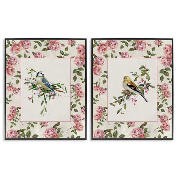 Stupell Industries Dainty Roses & Birds 2 Piece Black Framed Giclee Art Set, design by Sally Swatland