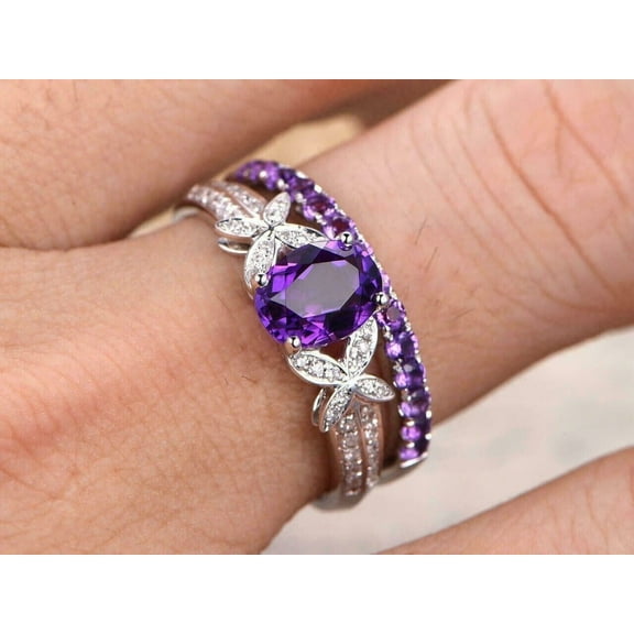 Hitanshu Jewels 3Ct Oval Cut Purple CZ 14K White Gold Plated Wedding Bridal Ring Set