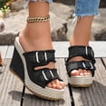 thumbnail image 2 of Denim Platform Sandals for Women Open Toe Double Buckle Band Wedges Heels Nonslip Slip on Slides HIgh Heeled Beach Shoes Black Size 8, 2 of 6