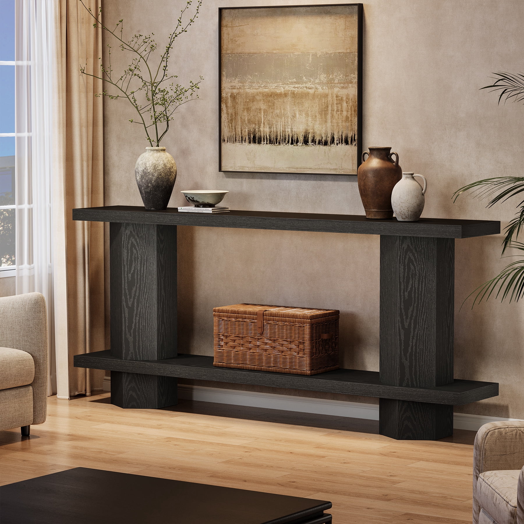 Finmind 71-Inch Long Wooden Console Table for Entryway,  Sofa Table Behind Couch for Living Room, Hallway, Foyer, Black