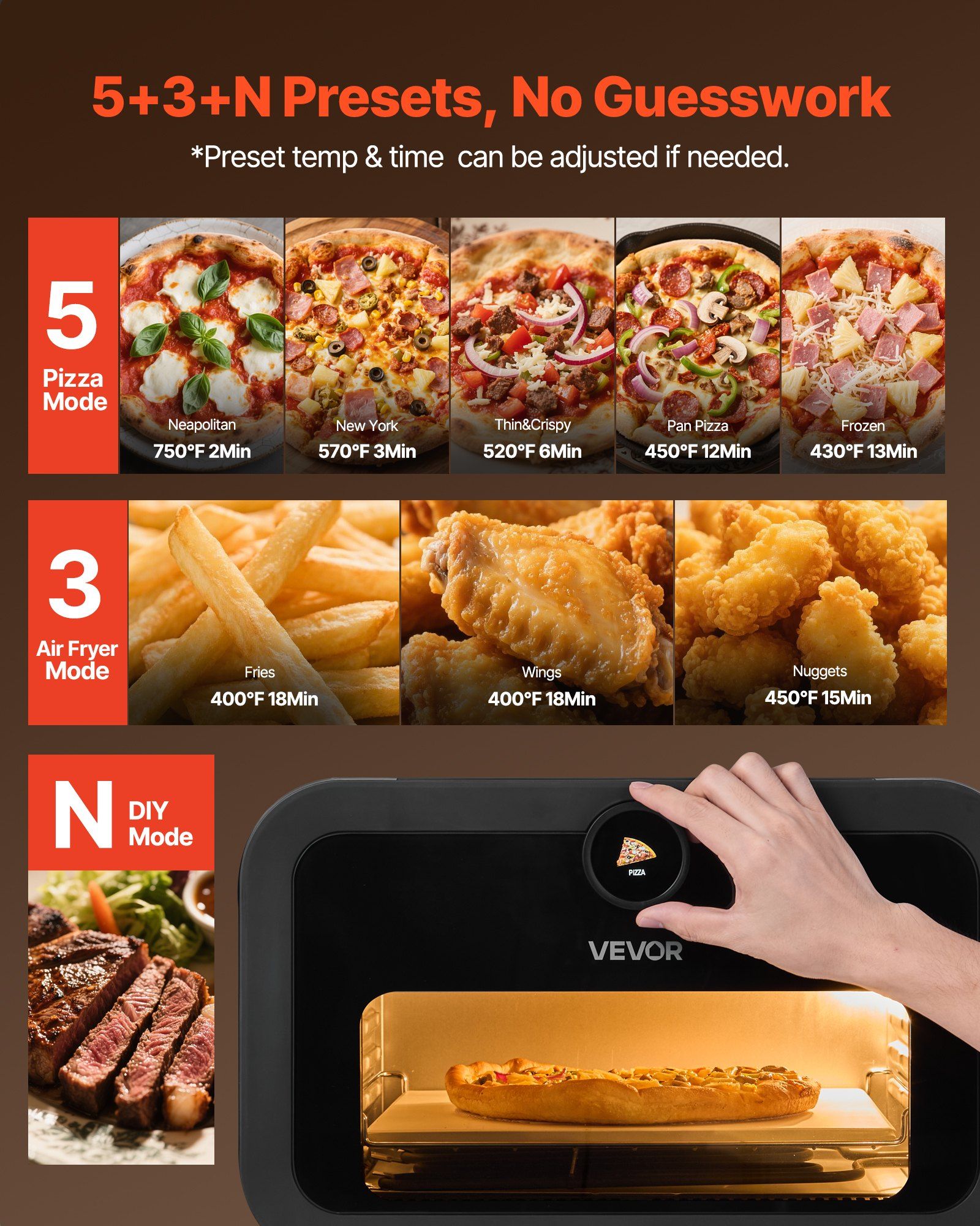 Electric Pizza Oven Air Fryer Combo 12 Inch Indoor Pizza Maker 8 Presets Smart Knob Control 750 Fahrenheit Max Temp IPX4 Waterproof Countertop Cooker with Pizza Stone
