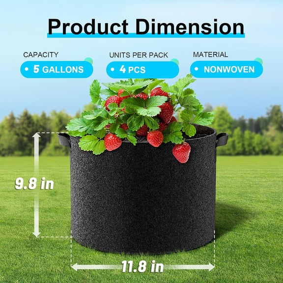 Guard 4-Pack Fabric Grow Bags 5 Gallon, Thickened Nonwoven Garden Pots, Growing Bags with Handles, Black