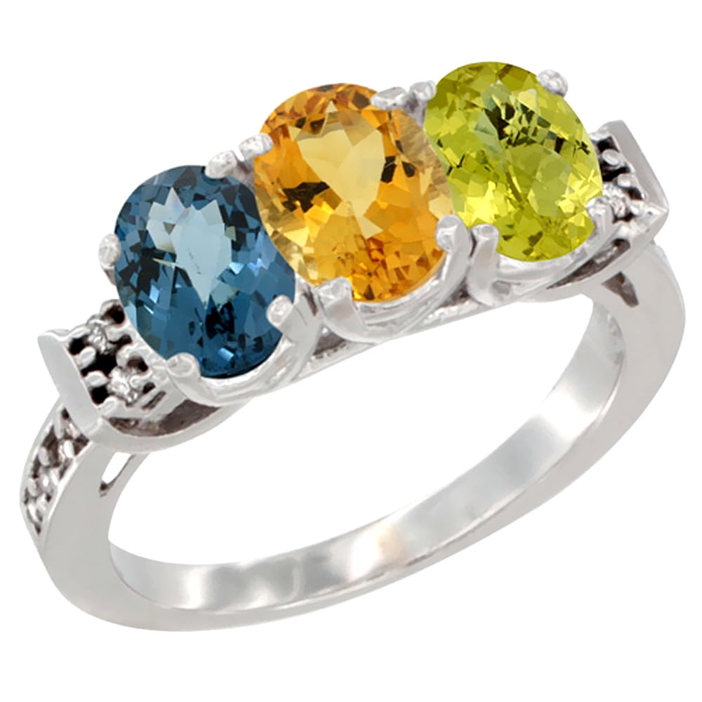 10K White Gold Natural London Blue Topaz, Citrine & Lemon Quartz Ring 3-Stone Oval 7x5 mm Diamond Accent, sizes 5 10 by WorldJewels