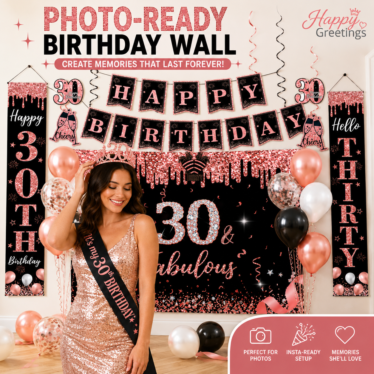 Happy Greetings 30th Birthday Party Kit, Rose Gold & Black, 45-Piece photo 4