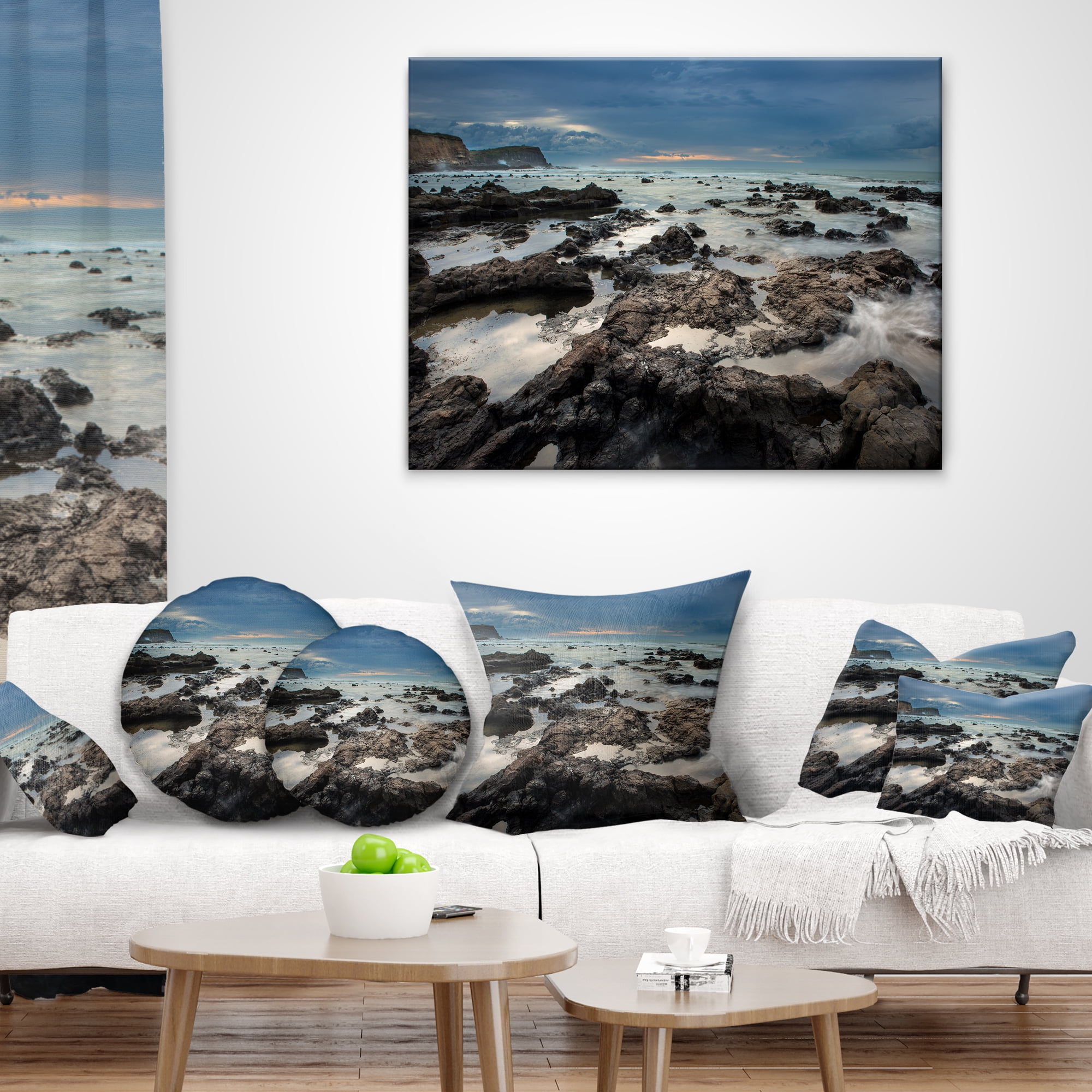 Designart Rocky Seashore with Blue Sky Over - Seashore Throw Pillow - 16x16