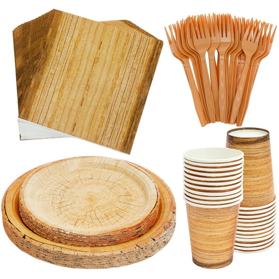 Keyohome 144Pcs Wood Grain Tableware Set Reusable Camping Party Dinnerware Supplies Safe Dessert Plates with Cups Forks and Napkins for Camping Party