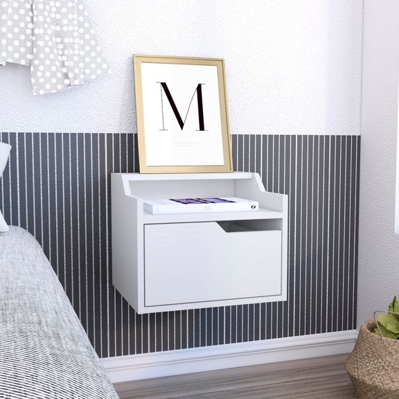 White Particle Board End Table - Secure Wall-Mounted Floating - Bedroom or Living Room Storage - Dual-Tiered Surface