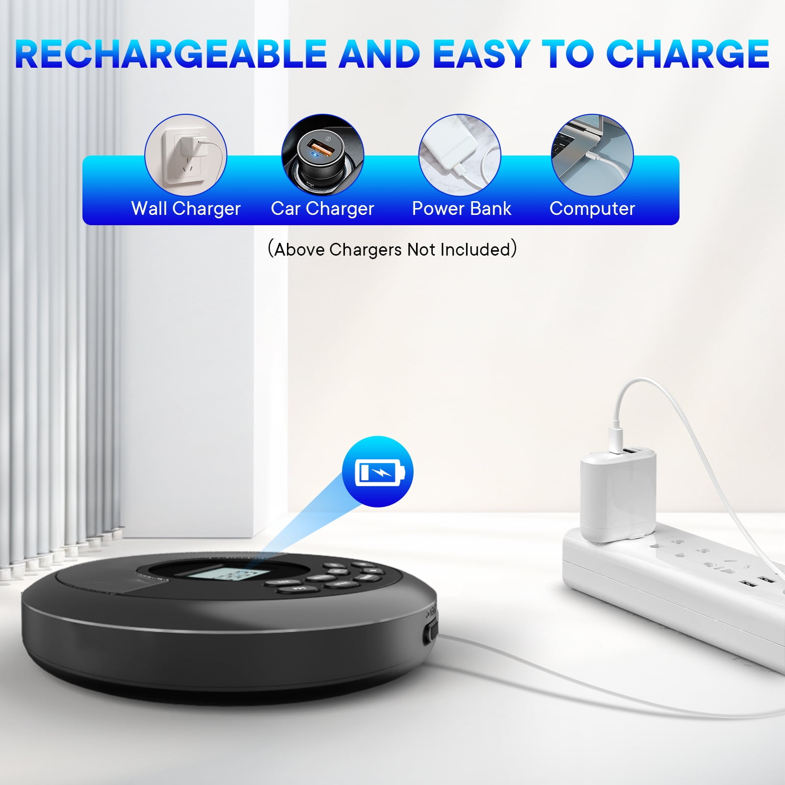 KUEPHOM Portable CD Player Bluetooth,Rechargeable Walkman CD Player with Speakers and Headphones,Small CD Player for Car plug in with anti-skip protection,CD/USB/BT playable,bluetooth transmitting