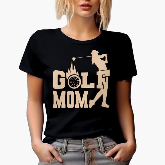 Swinging Golf Mom with a Swinging Woman or Mother Golf Player, Golfing or Golfer Themed Merch Gift, Black T-Shirt, Small