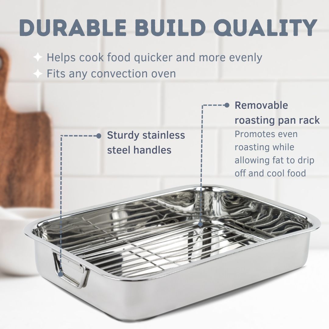 Stainless Steel Roasting Pan With Large Rack - For Thanksgiving Turkey, Vegetables (25x18x5cm) | Oven Safe Baking Roaster