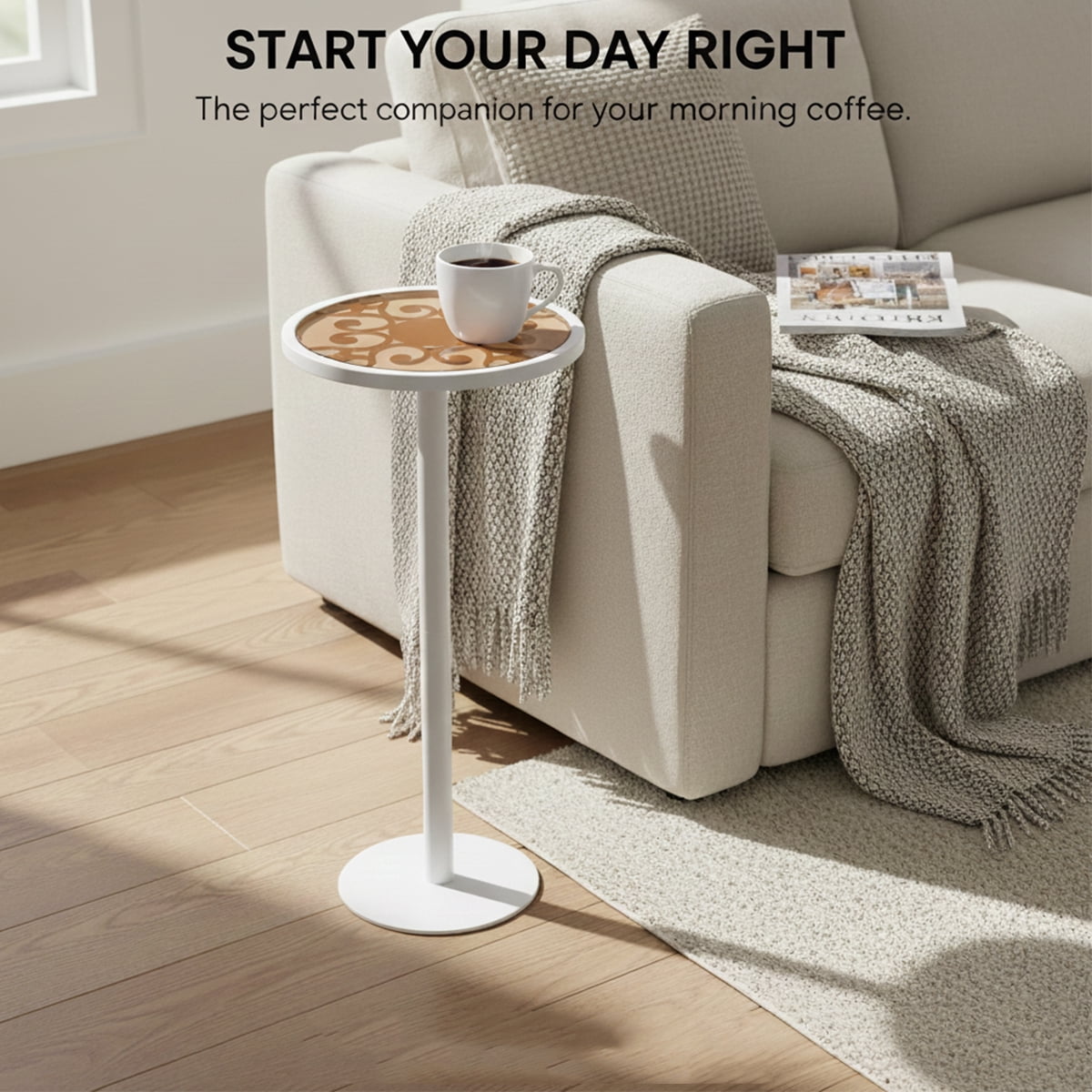 White Drink Table with Amber Glass Top, Indoor Outdoor Small Round Side Table, 24.7" Metal Pedestal End Table for Living Room, Patio, Sunroom, Boho Mid-Century Modern Decor, Cream
