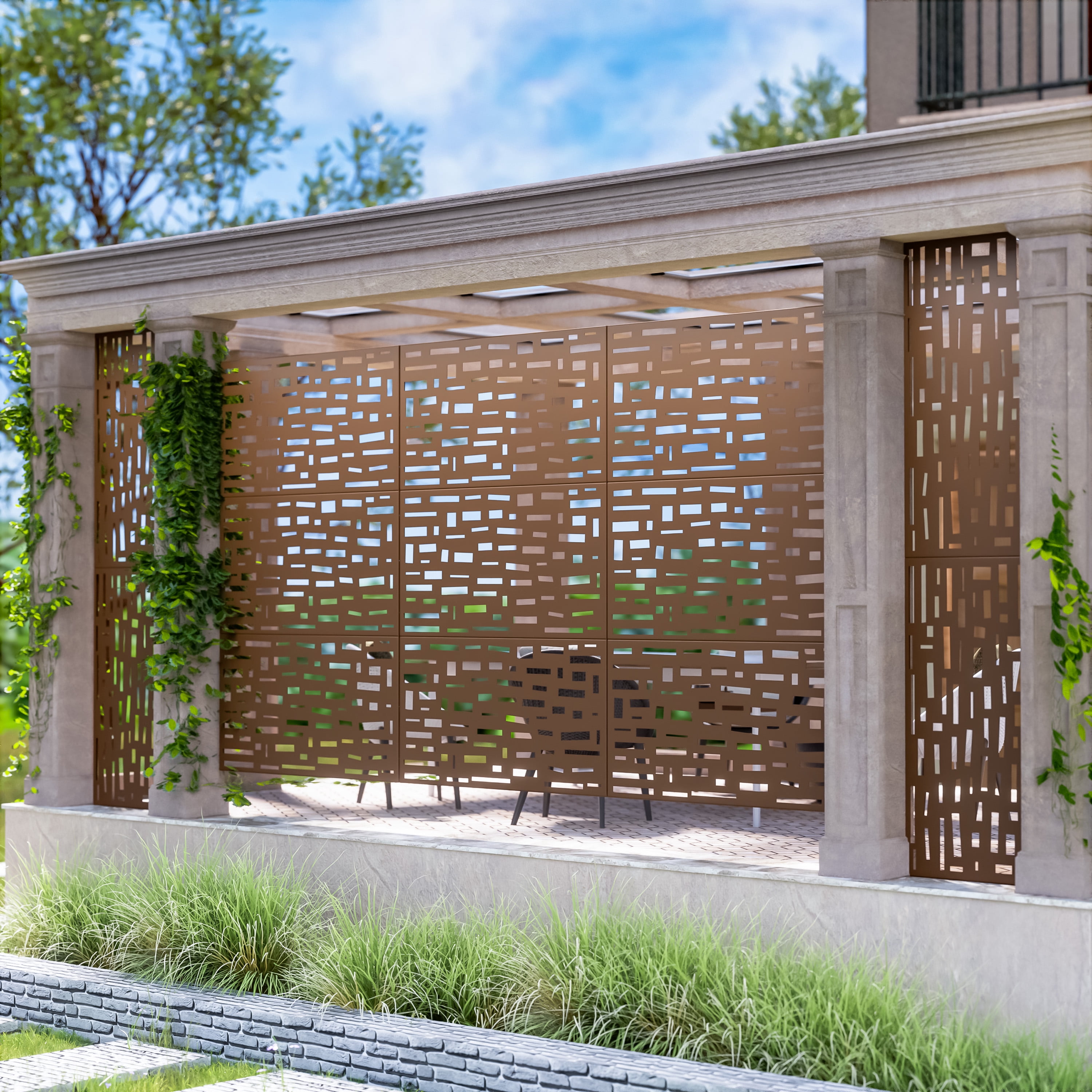 MAYEERTY 72×47" Outdoor Brown Metal Privacy Panel Screen for Backyard & Garden, Wide Street Pattern