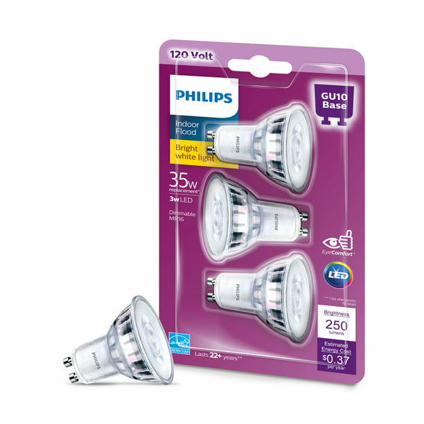 Sociale wetenschappen Federaal Tot stand brengen Phillips LED 35-Watt GU10 Indoor Flood Light Bulb, Clear Bright White,  Dimmable (3-Pack) - Walmart.com