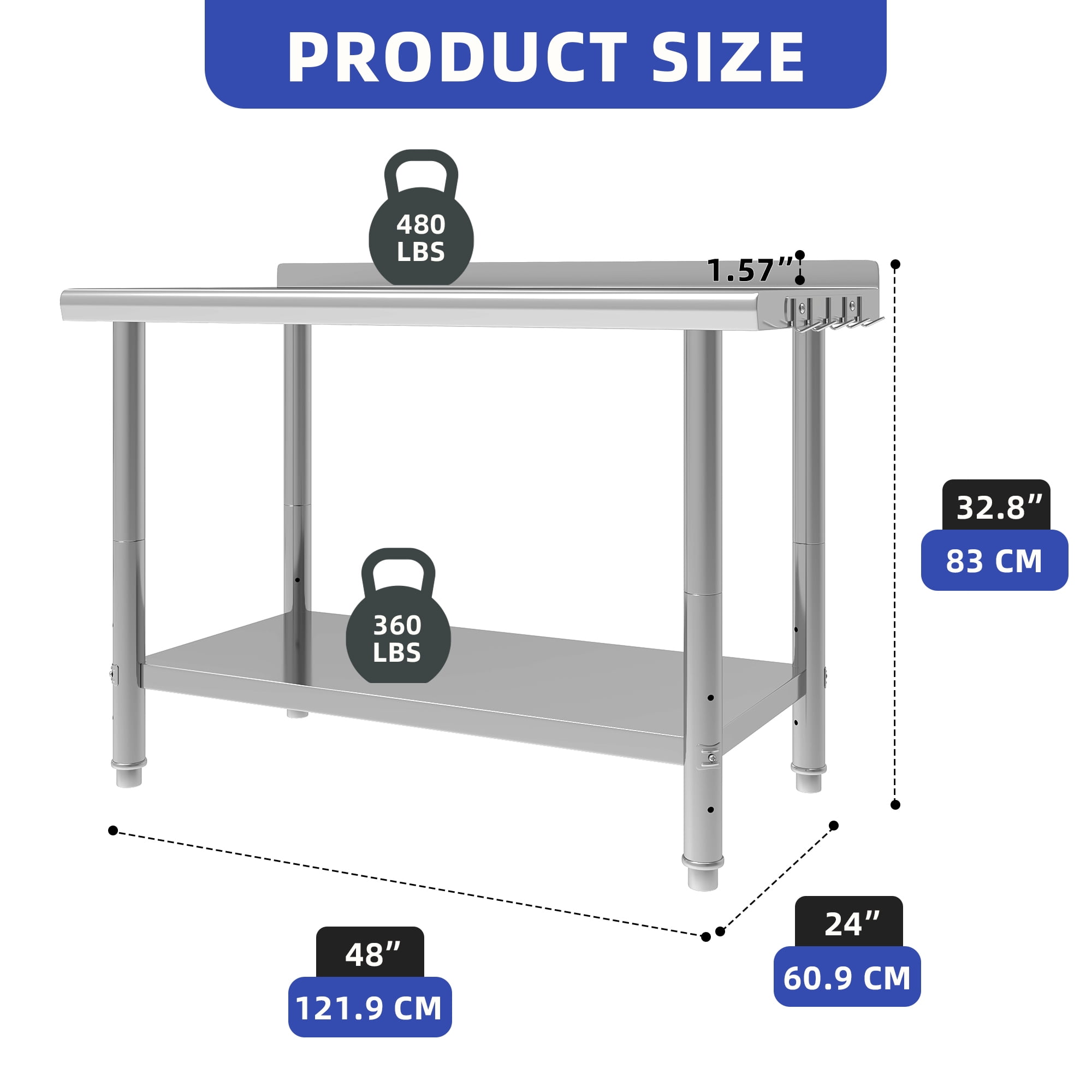ModFusion 48" Stainless Steel Prep Table with Hooks, Backsplash, 4x2x2.7 ft Adjustable Food Storage, Commercial Workstation Restaurant Home Hotel