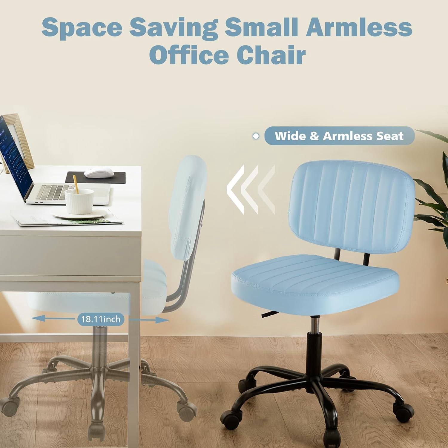 Armless Office Desk Chair with Wheels, Adjustable Height 360° Rolling Swivel Lumbar Support Low-Back Computer Chair, PU Leather, Blue