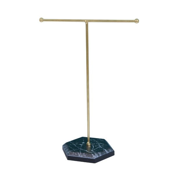 T de metal chapado en la mesa Torre organizadora de joyas para mostrar Joyas Colgante Pendiente Pulsera Anillo Accesorio con bases de madera contrachapada de mármol blanco.