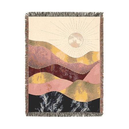 Blush Pink Sun and Gold Layered Hills Woven Throw Blanket 100% Cotton Boho Landscape Home Accent