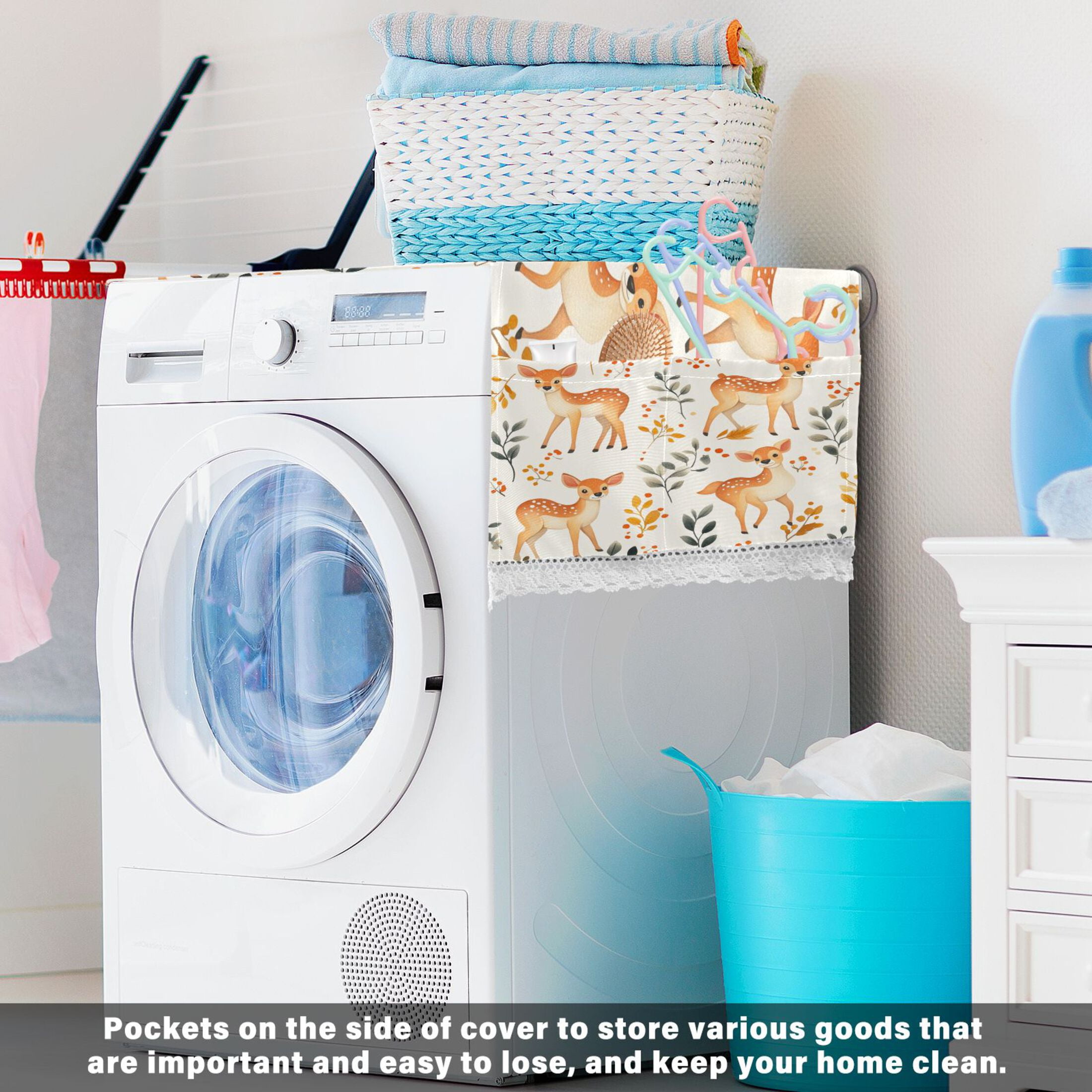 Cute Sika DeerWasher and Dryer Covers Dust-Proof and Oil Resistant Fridge Cover with 4 Storage Pockets Washing Machine Top Cover for Laundry Kitchen Home 51.2 x 22 In