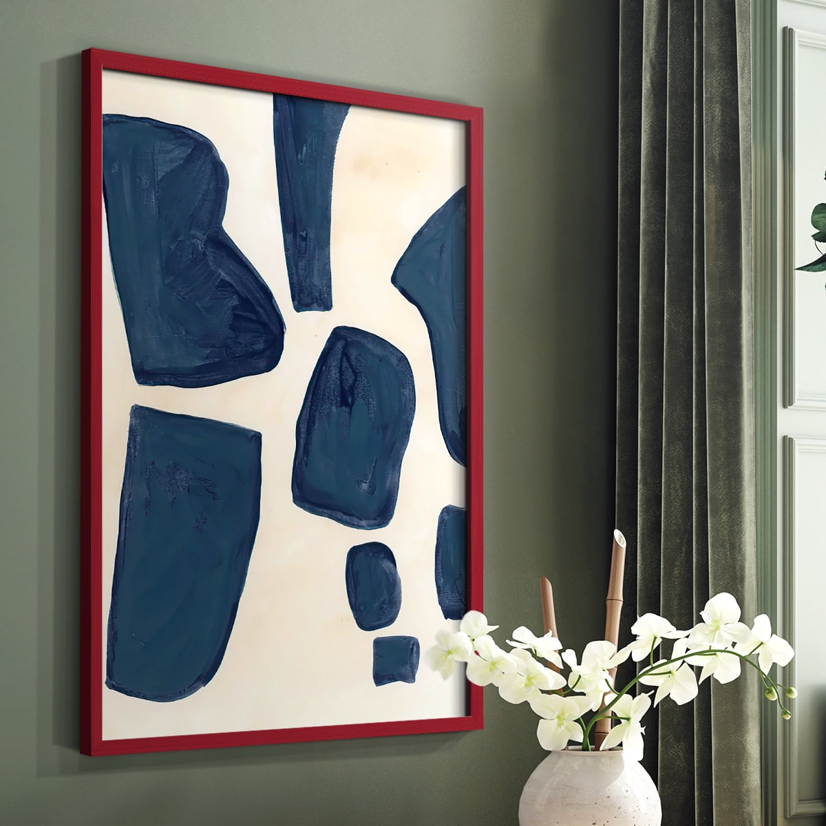 Blue Pieces I Framed Print in Red Solid Wood Framed Print No Nail Hanging