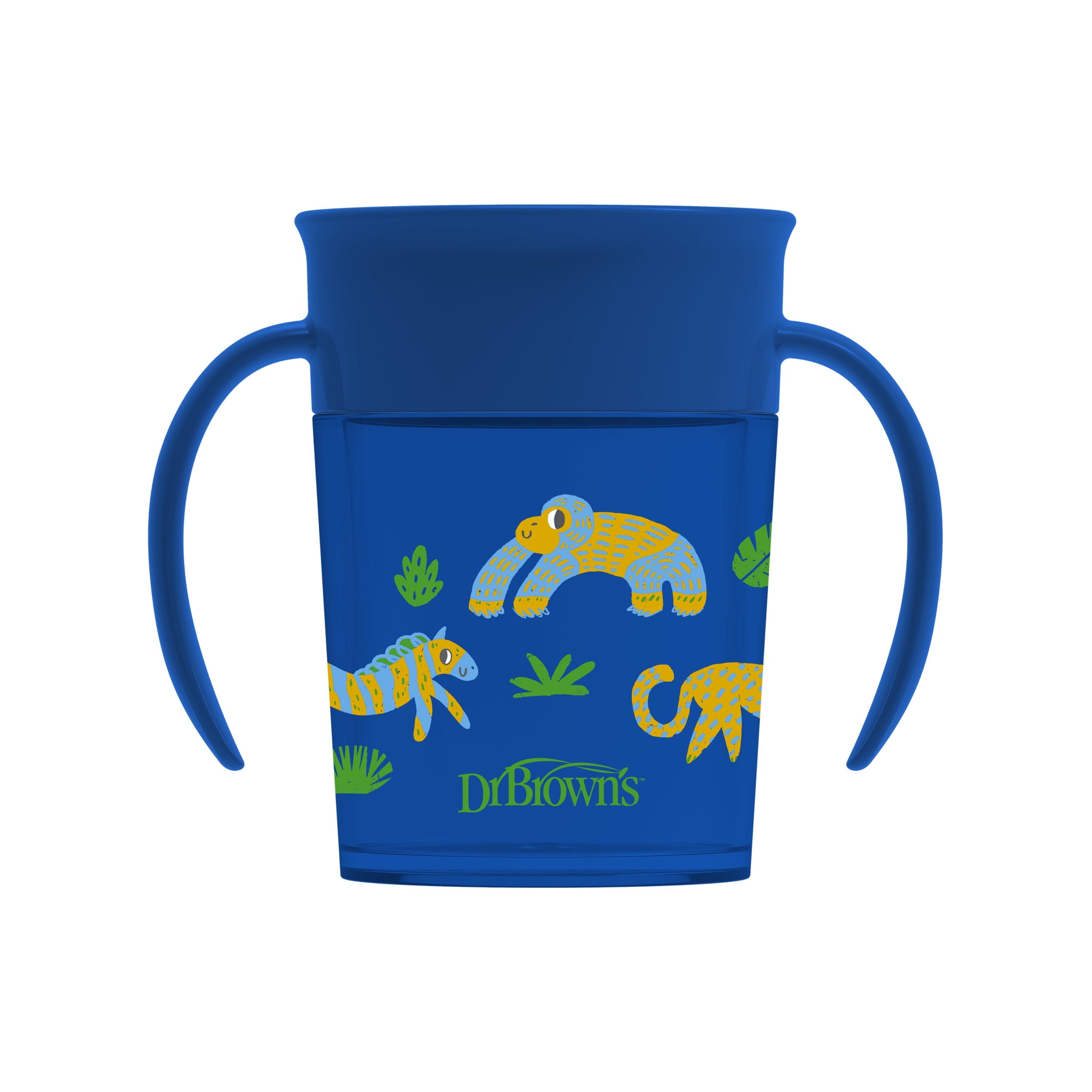 Dr. Brown's Milestones Cheers 360 Cup Spoutless Transition Cup with Handles for Easy Grip and Leak-Free Learning, Blue Safari, 7 oz/200 mL, 6m+