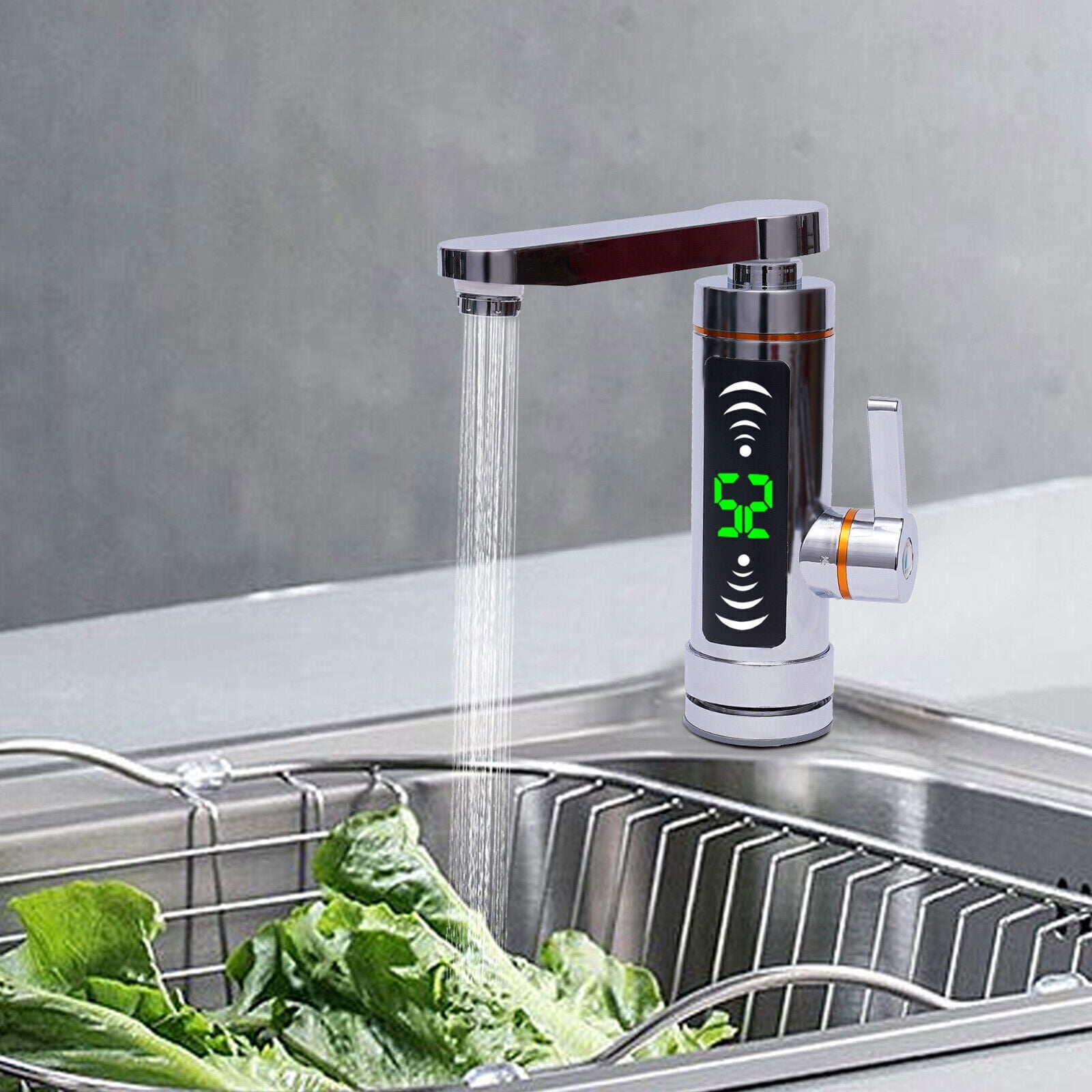 Electric Instant Hot Water Heater Shower Kitchen Tap Faucet Digital Display Silver 110V
