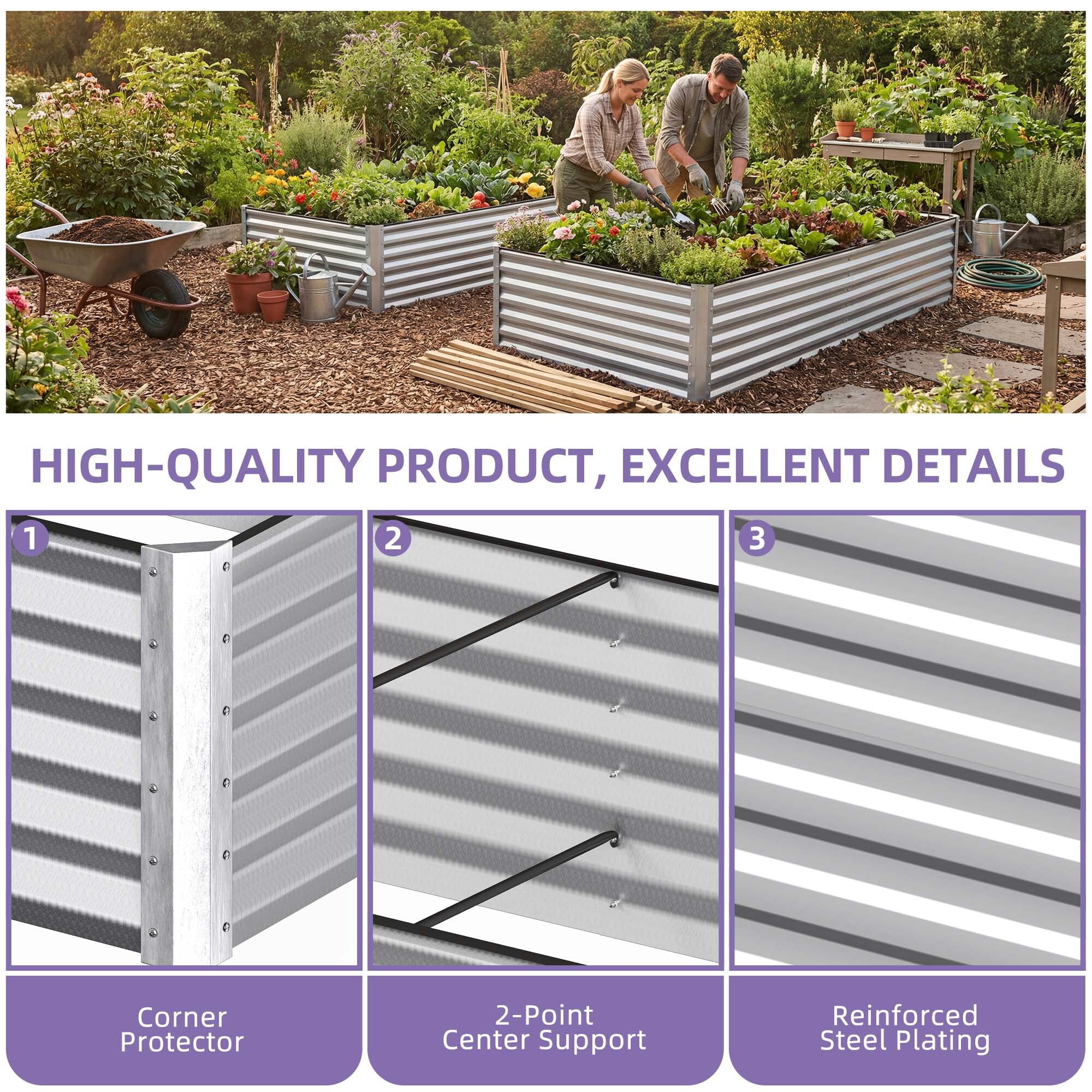 Uforic 8x4x1.5 Ft 2 Pieces Galvanized Metal Raised Garden Bed Kit with Free Gloves Silver