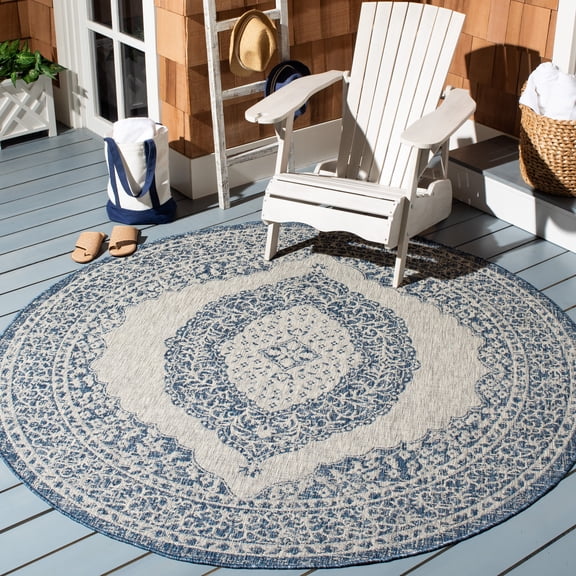 SAFAVIEH Courtyard Avi Medallion Indoor/Outdoor Area Rug, Light Grey/Blue, 4' x 4' Round