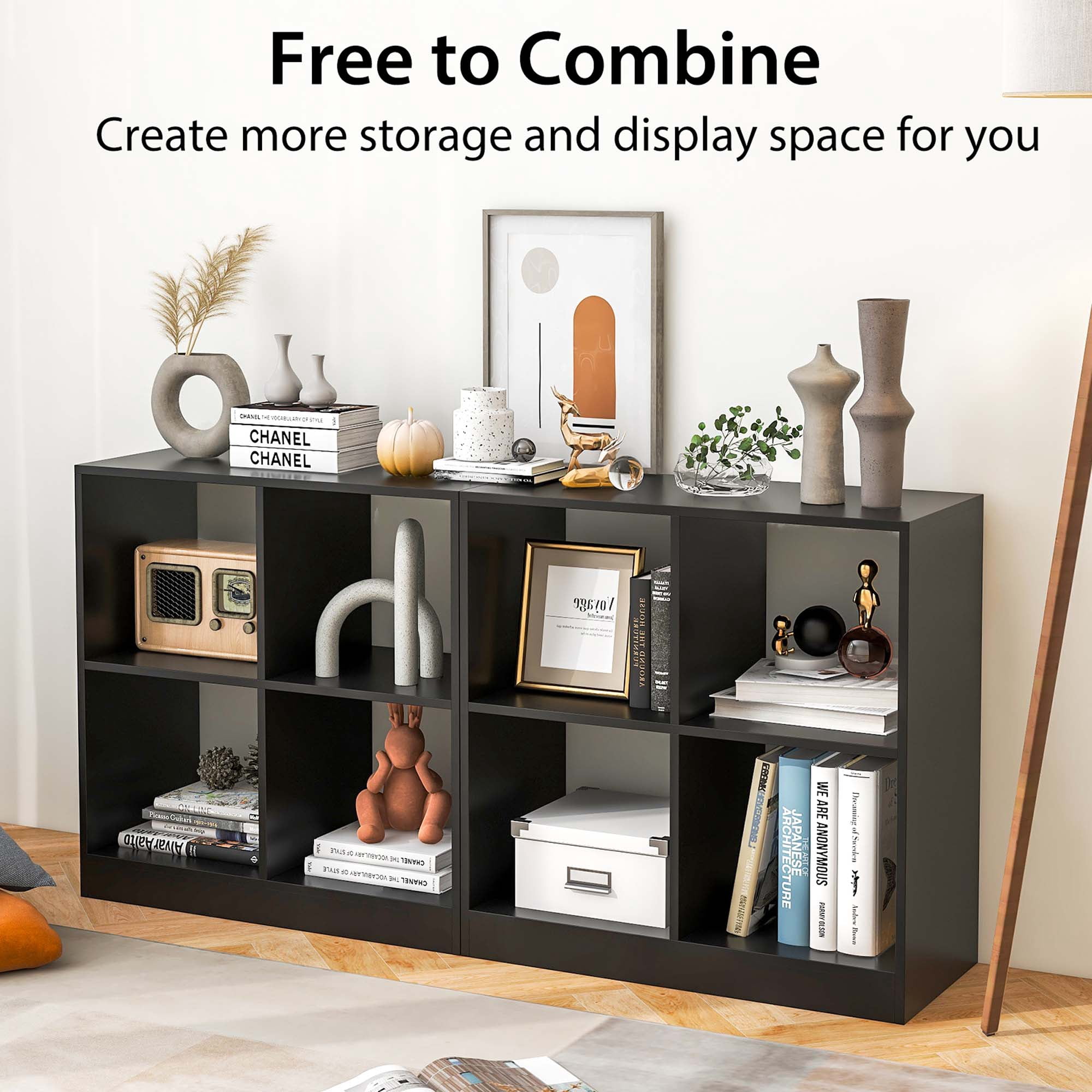 Costway 4-Cube Bookcase Floor Open Wooden Bookshelf Storage Cabinet Toy Organizer Black