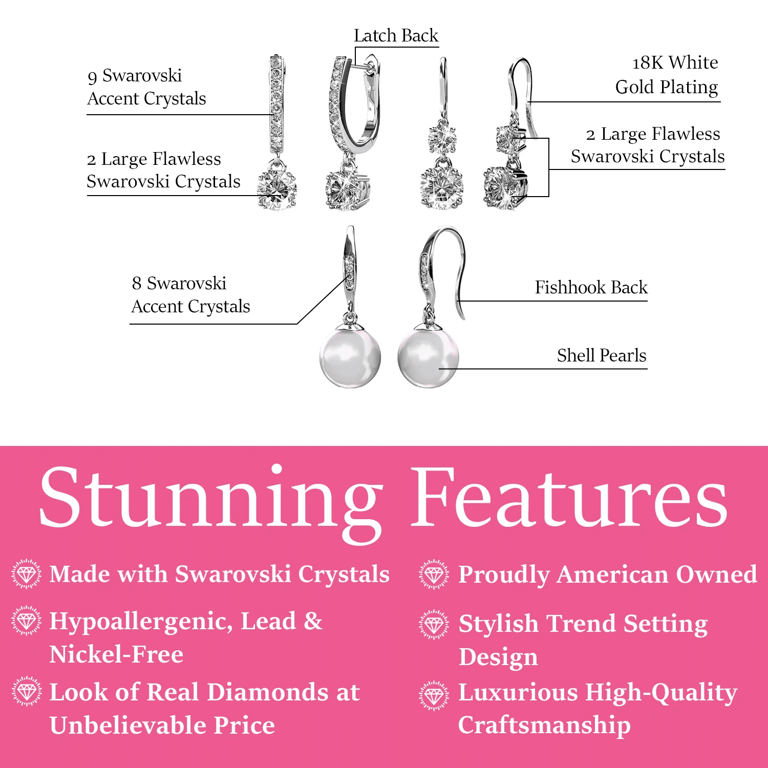 Cate & Chloe Pack of 3 - McKenzie, Kadence & Betty 18k White Gold Plated Earrings with  Swarovski Crystals for Women
