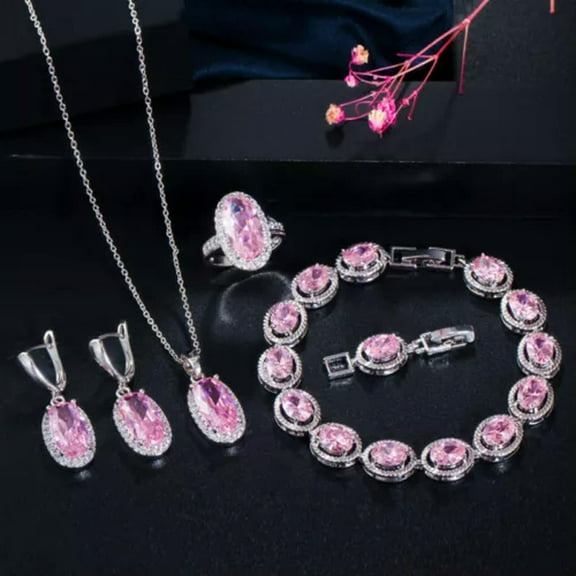 Silver Plated Pink CZ Oval Necklace Huggie Earring and Bracelet Ring Jewelry Set