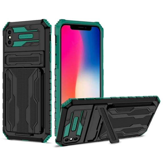 For Samsung Galaxy A42 5G Case, Heavy Duty Dual Layer Hybrid Rugged Shockproof Case with Kickstand Card Slot Protective Cover, Darkgreen
