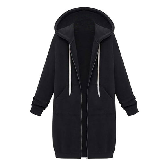 Hooded Jackets for Women Solid Color Thickening And Fleece Long Hoodies Casual Zip Up Long Sleeve Coats Clearance