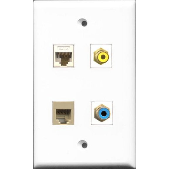 RiteAV 1 Port RCA Yellow and 1 Port RCA Blue and 1 Port Phone RJ11 RJ12 Beige and 1 Port Cat6 Ethernet White Wall Plate