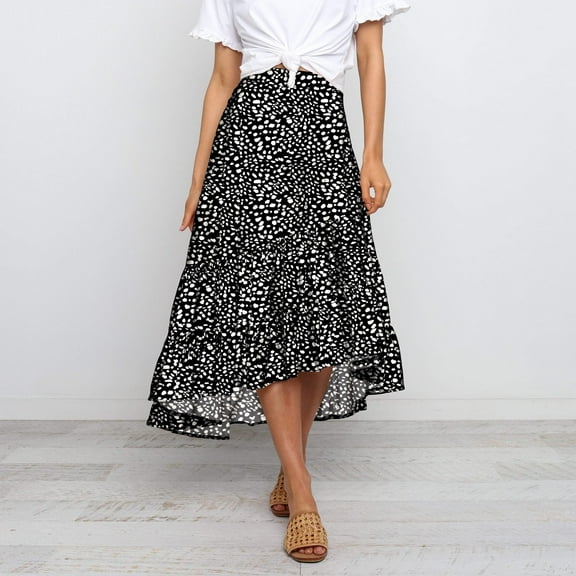 Pntutb Women Chiffon Casual High Waist Print Ruffles A-Line Pleated Swing Long Skirt