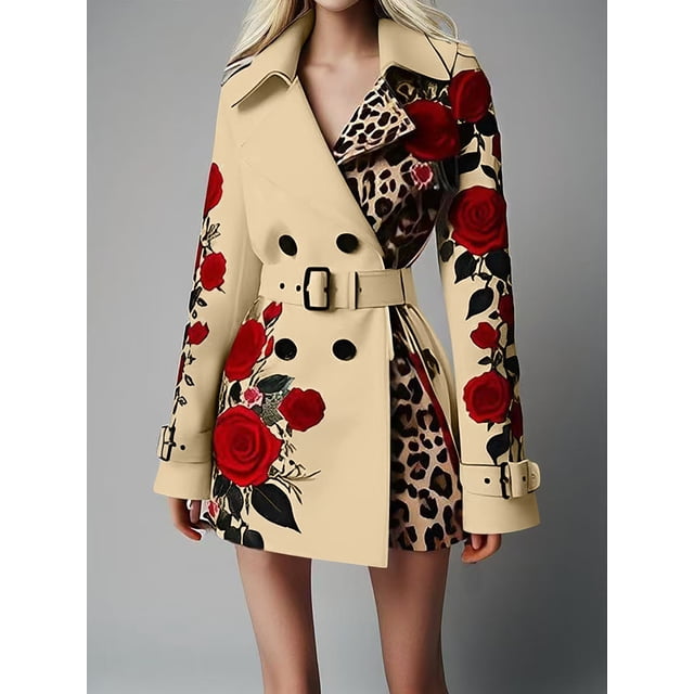 Manteau Trench à Imprimé Léopard Contrastant pour Femme avec Broderie de Roses Rouges, Double Boutonnage, Revers, Ceinturé, Moulant, pour Fête et Boîte de Nuit, Vêtement d'Extérieur Mode Mode Urbaine, Veste à Manches Longues