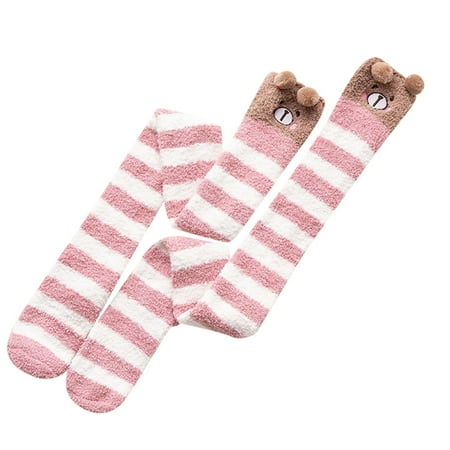 

wendunide Womwn Coral Socks Over The Knee Thicken Warm Sleeping Towel Striped Socks Coffee