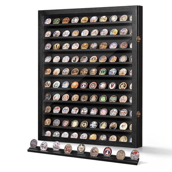 10 Tier Challenge Coin Display Case with High-Definition Acrylic Glass - Wall-Mountable, Holds 200 Coins, Military-Style Shadow Box with Removable 2-Groove Shelves, Poker Chip Holder, Black