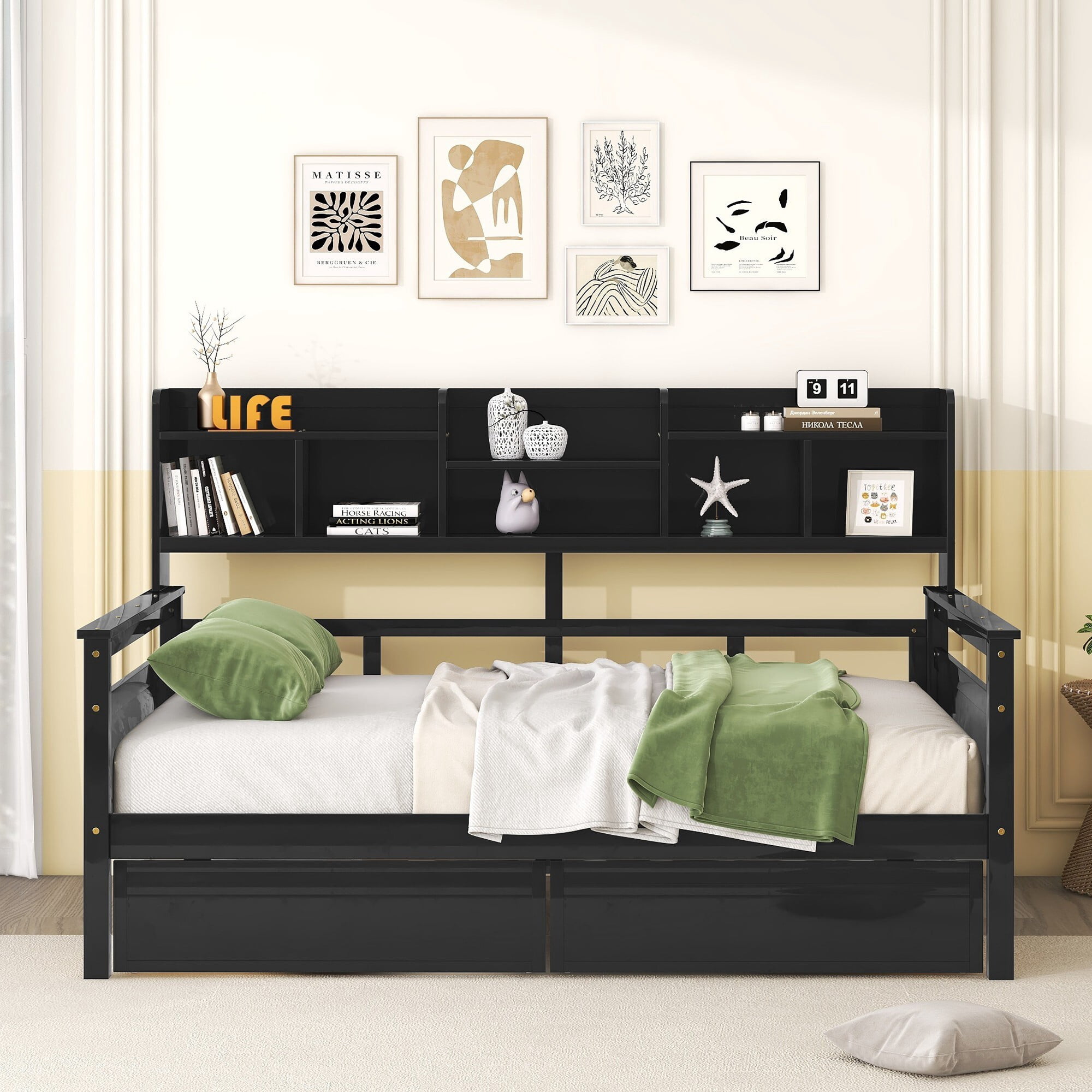AENKYO Full Size Wooden Daybed Bed Frame with 2 Storage Drawers and Headboard Shelf, Solid Wood Sofa Bed, Black
