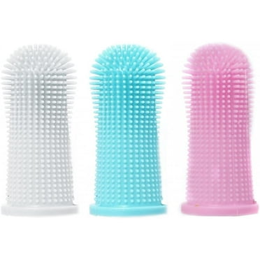 3Pcs Dog Fingerbrushes, 360° Cleaning Dog Toothbrush Rubber Flexible Dog Fingertip Brush for Dogs Cats Small Pets(Blue/White/Pink)