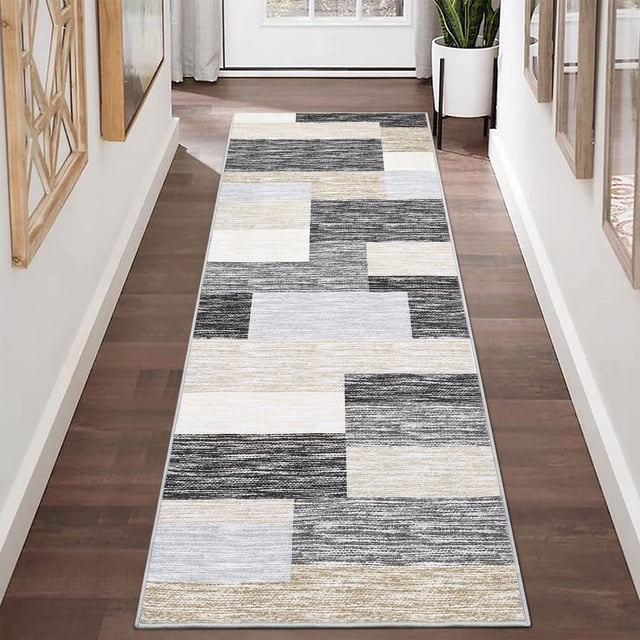 YUSAZENS 2x6 Runner Rug Modern Geometric Non-Slip Hallway Rug for Kitchen Laundry Room Bedroom in Gray Camel Color